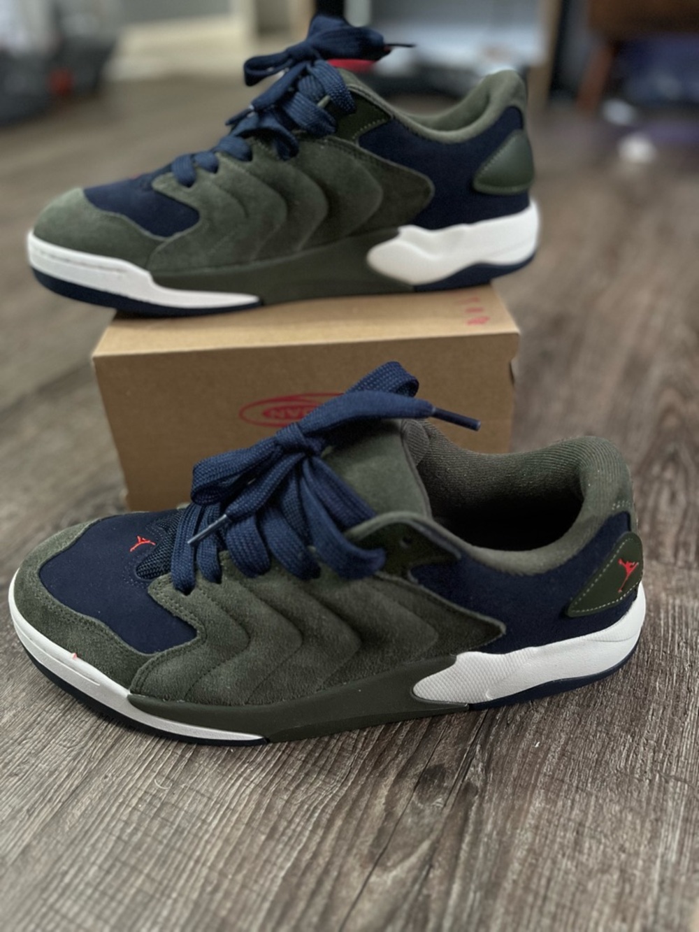 Jordan Low-Top Sneakers in Olive Green & Navy with Red Accents